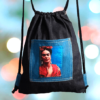 blue black denim backpack frida kahlo in red