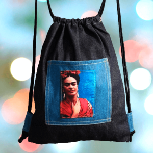 blue black denim backpack frida kahlo in red