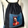 blue black denim backpack frida kahlo in red