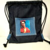blue black denim backpack frida kahlo in red