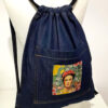 blue denim back pack floral frida kahlo