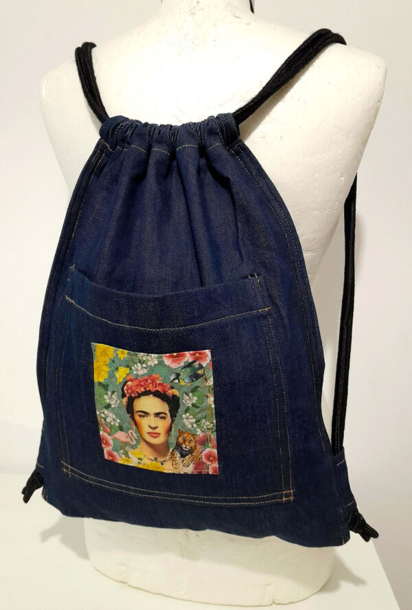 blue denim back pack floral frida kahlo