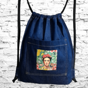 blue denim back pack floral frida kahlo