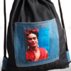 blue black denim backpack frida kahlo in red