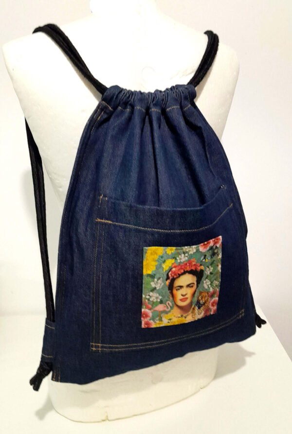 blue denim back pack floral frida kahlo