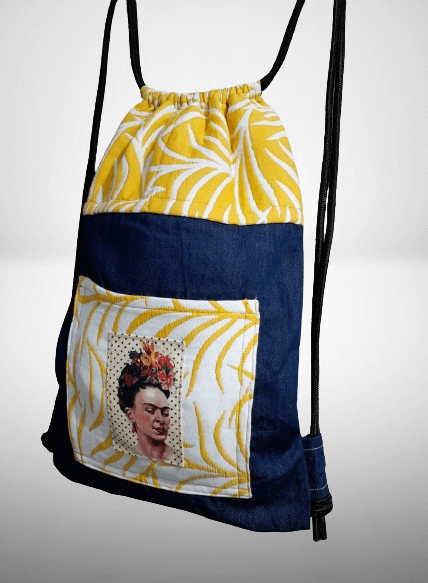 blue denim backpack bag tropical frida kahlo yellow