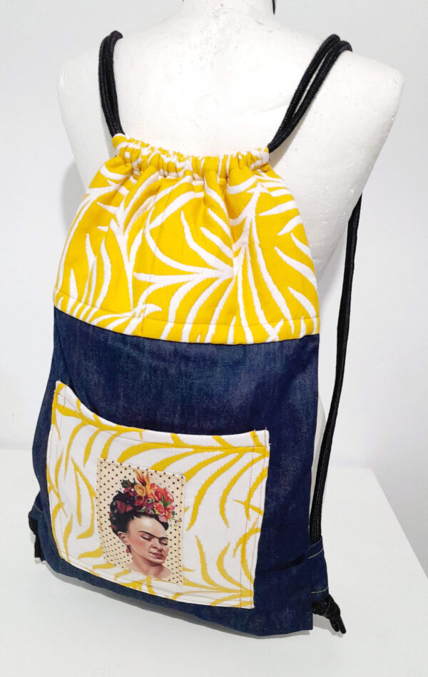 blue denim backpack bag tropical frida kahlo yellow