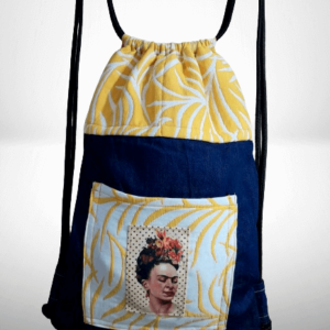 blue denim backpack bag tropical frida kahlo yellow