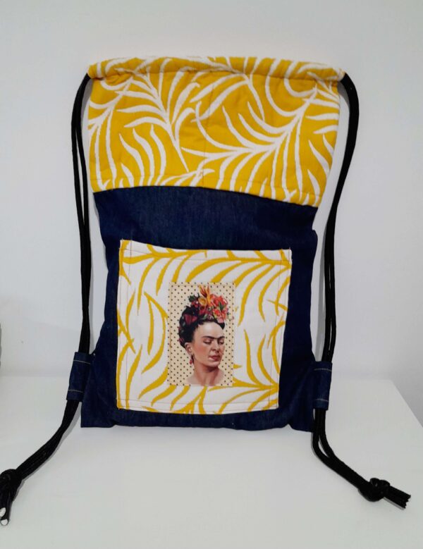 blue denim backpack bag tropical frida kahlo yellow