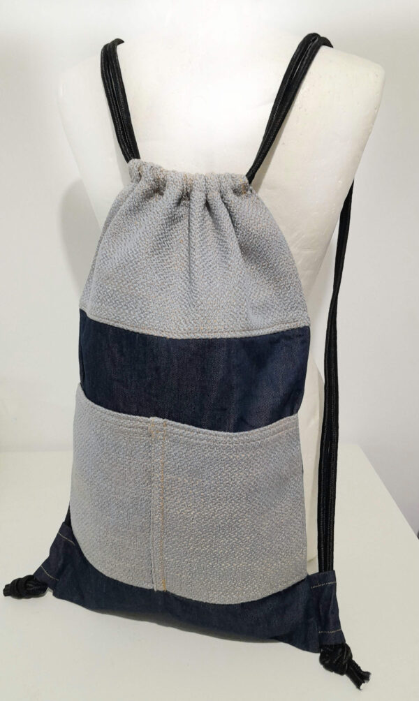unisex backpack blue denim and light grey blueish padding cloth