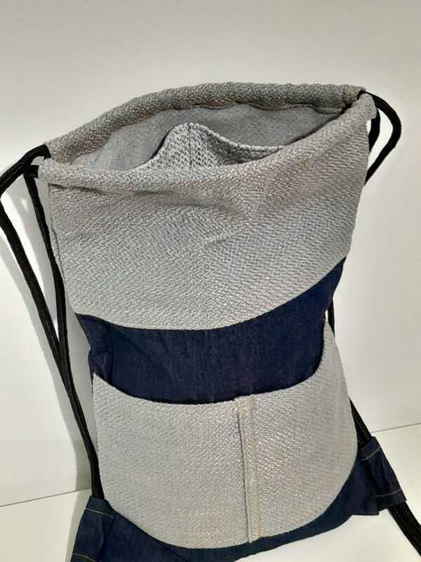unisex backpack blue denim and light grey blueish padding cloth