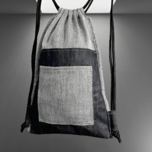 unisex_backpack_black_denim_and__grey_stripes_padding_cloth_1-removebg-preview